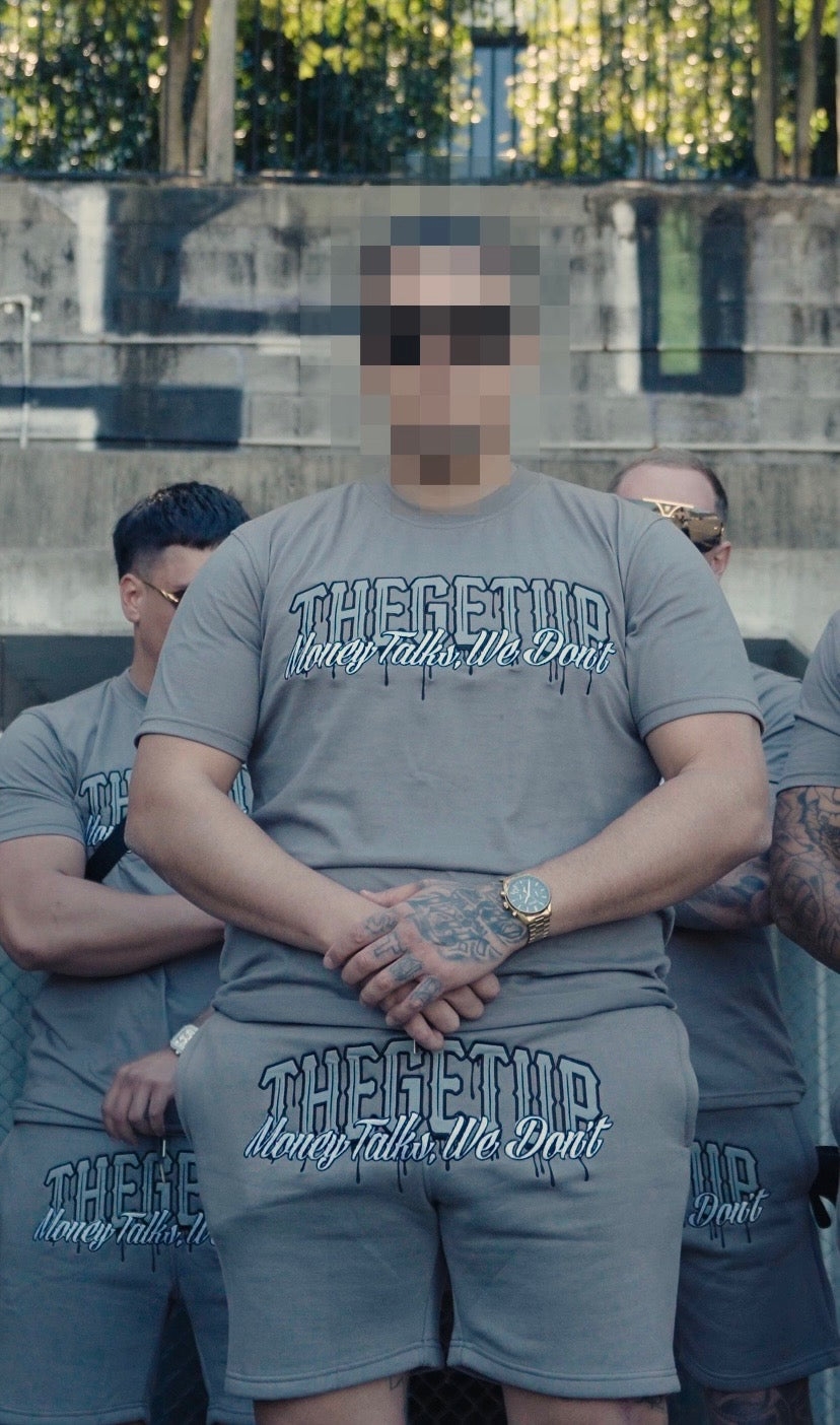 Grey on grey “THEGETUP Money Talks, We Don’t” t-shirt and shorts set