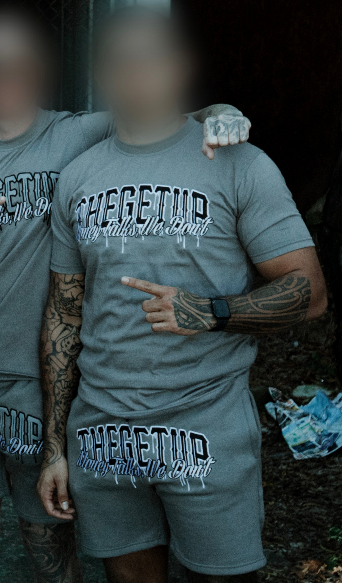 Black on grey “THEGETUP Money Talks, We Don’t” t-shirt and shorts set