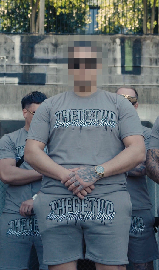 Grey on grey “THEGETUP Money Talks, We Don’t” t-shirt and shorts set